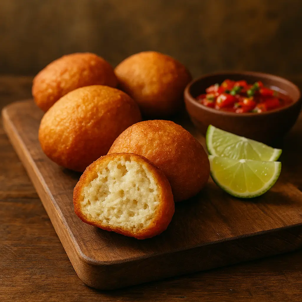 West African akara bean fritters on a wooden board with tomato salsa.