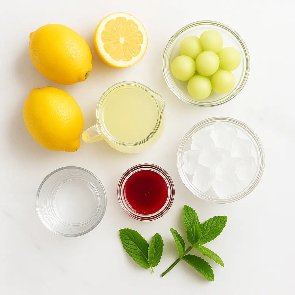 Flat lay of ingredients used to make an alcohol free Honey Deuce mocktail.