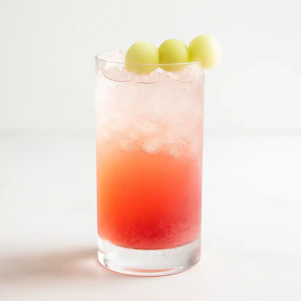 alcohol free honey deuce mocktail with melon balls and pink lemonade in a tall glass.