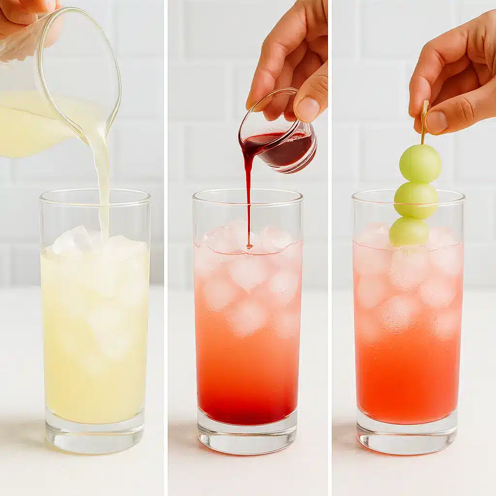 Step-by-step preparation of an alcohol free Honey Deuce mocktail.