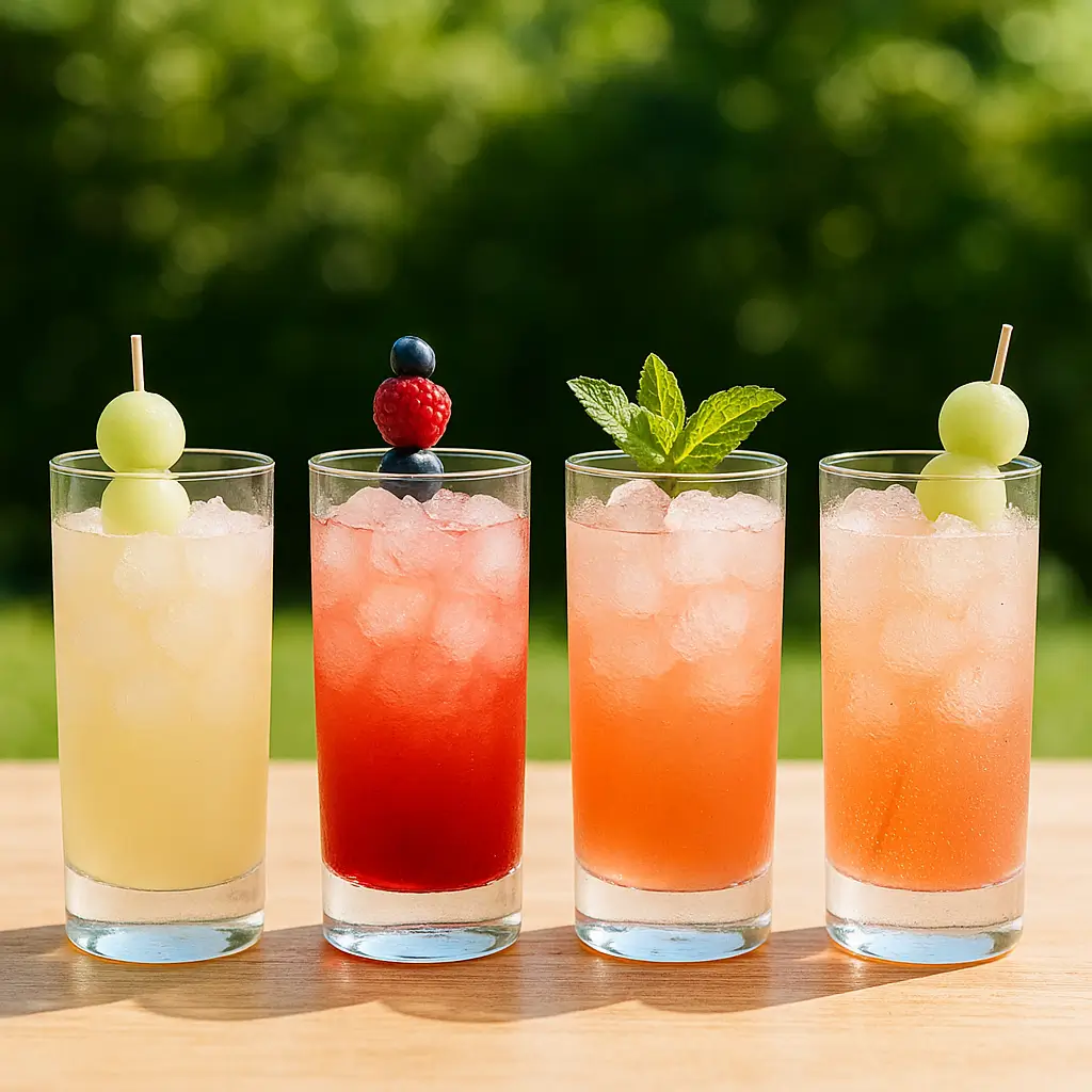Different variations of the alcohol free Honey Deuce mocktail displayed in styled glasses.