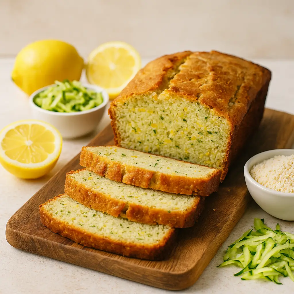 Moist and golden almond flour lemon zucchini bread sliced on a wooden board with lemons and zucchini.