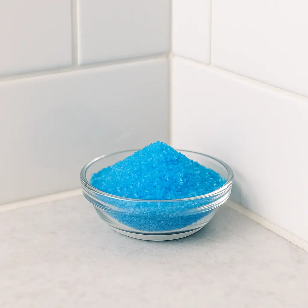Blue salt trick placed in bathroom corner for odor absorption.
