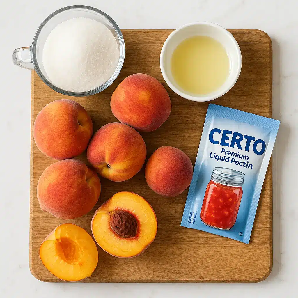 Jar of homemade certo freezer jam peach jam with fresh peaches on a wooden table.