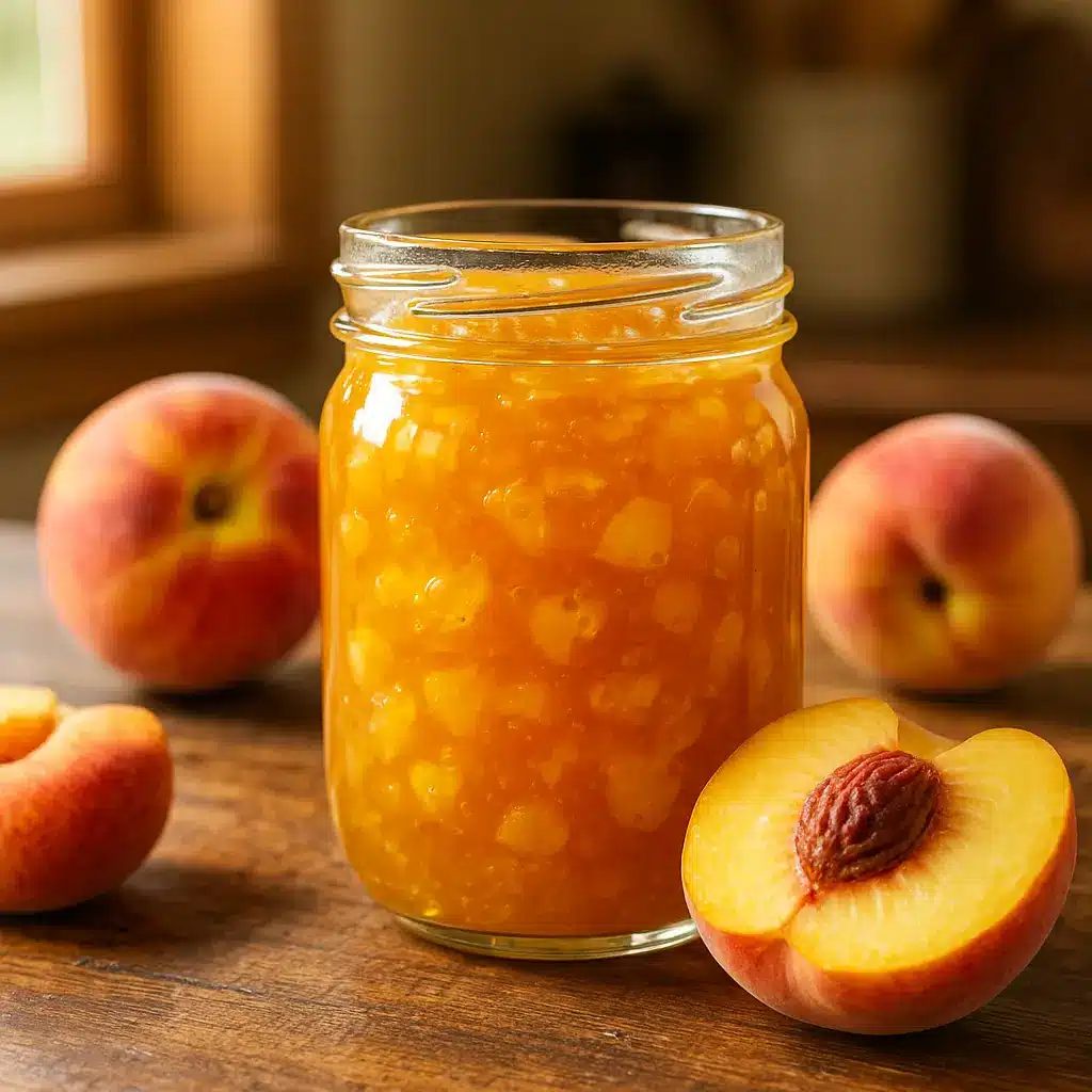 Jar of homemade certo freezer jam peach jam with fresh peaches on a wooden table.