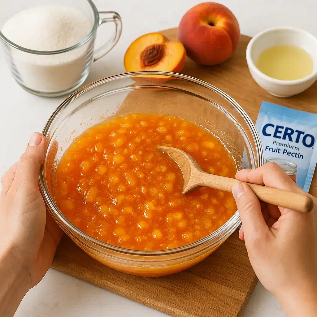 Hands mixing peach freezer jam ingredients with Certo in a bowl.
