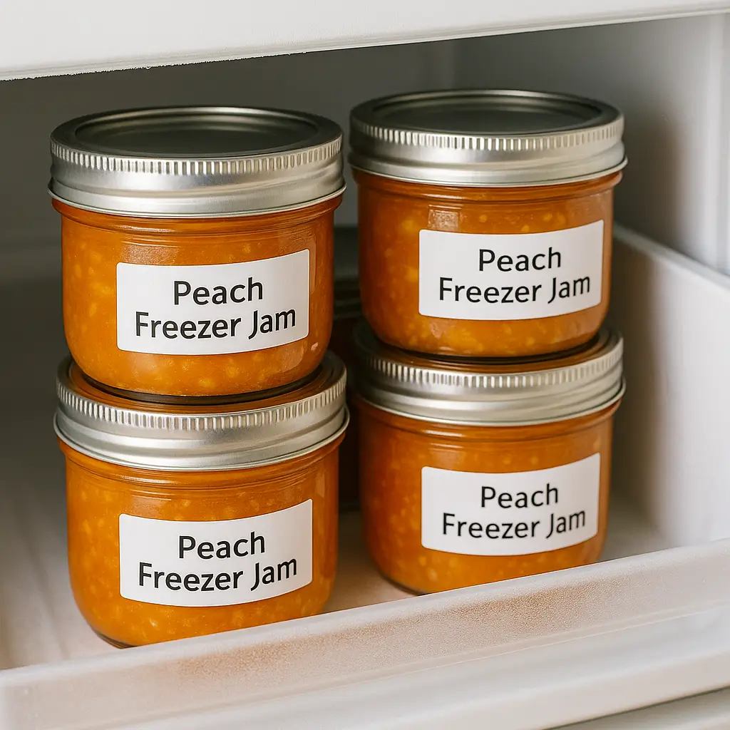 Labeled jars of peach freezer jam stored in a freezer drawer.
