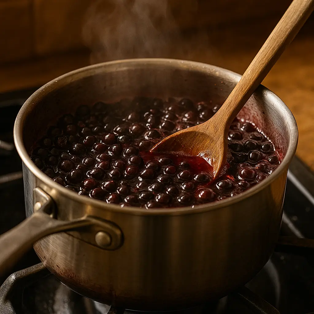 sure jell chokecherry jelly recipe simmering in a pot while extracting juice for jelly.