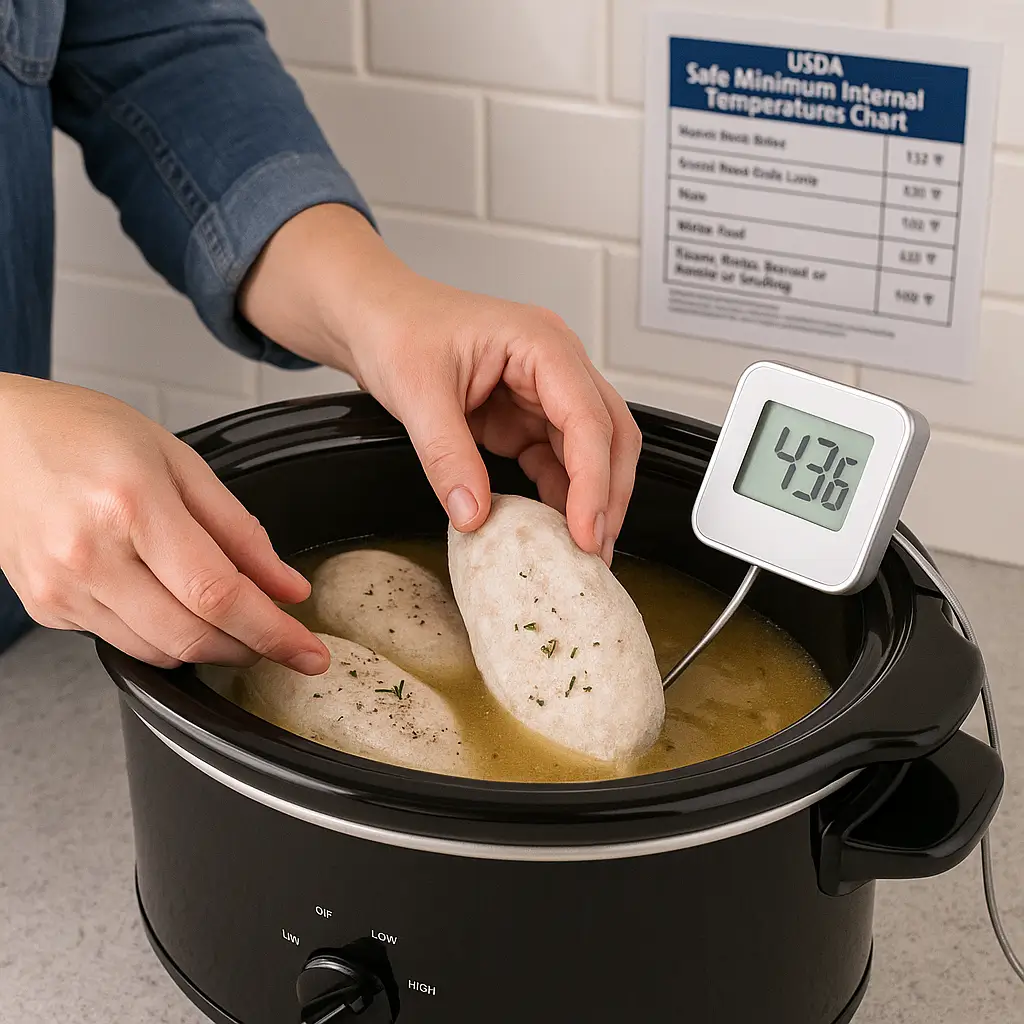 safe preparation of frozen chicken breasts in crock pot with thermometer