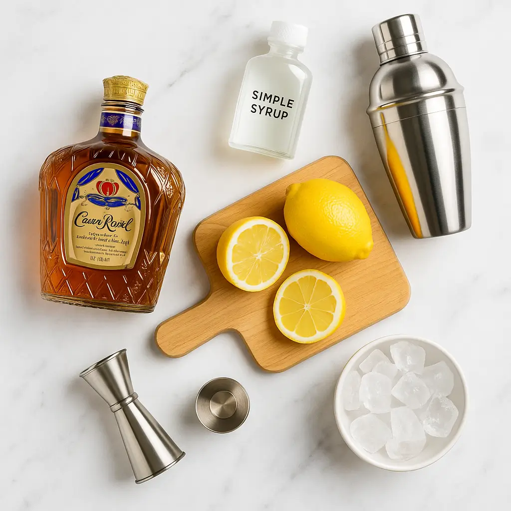 Ingredients for crown royal sour recipe​ including whisky, lemons, and simple syrup.