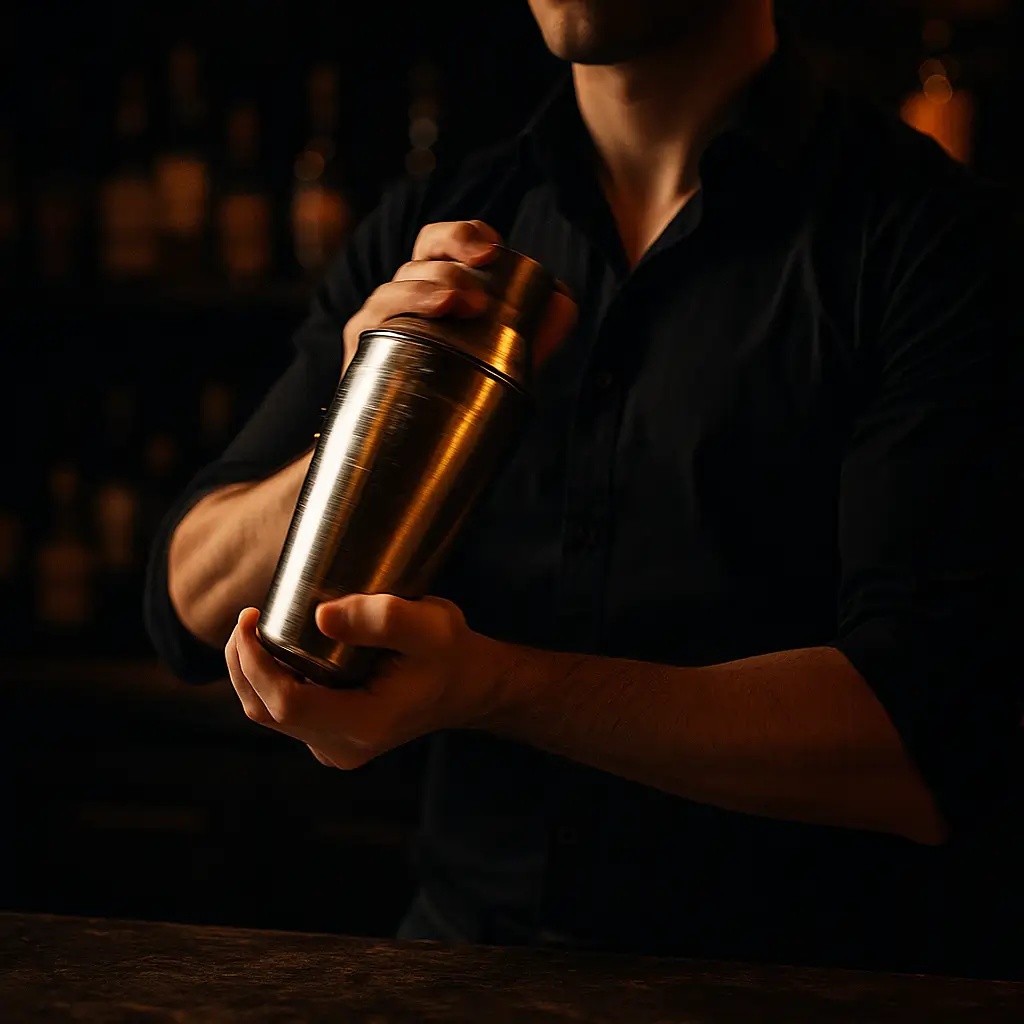 Bartender shaking a cocktail shaker while preparing a Crown Royal Sour.