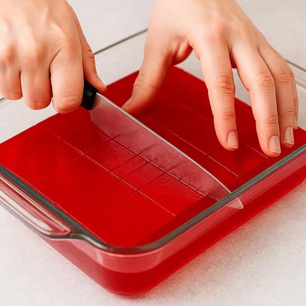 Cutting vodka jello jigglers with a warm knife in a glass dish.