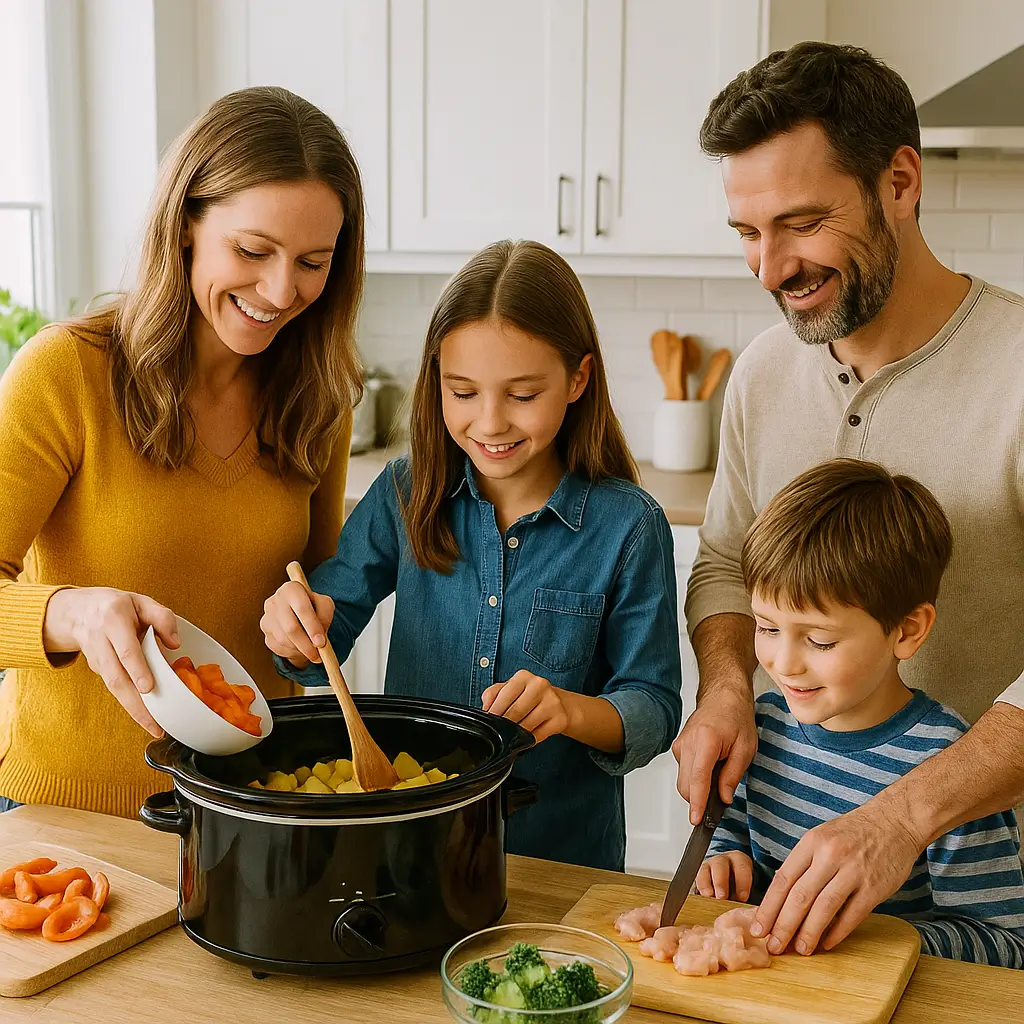 Family making easy crockpot recipes for kids