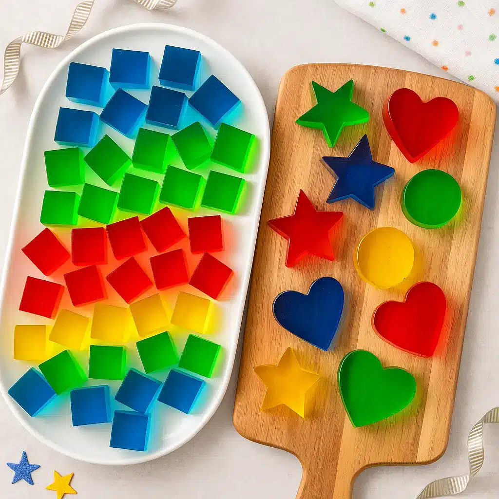 Colorful vodka jello jigglers in cubes and fun shapes arranged on a serving platter.