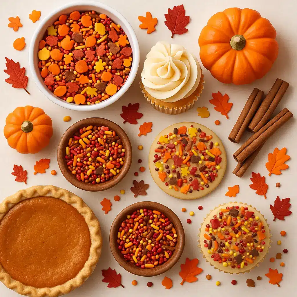 Featured image showing assorted Thanksgiving sprinkles with autumn-themed desserts.