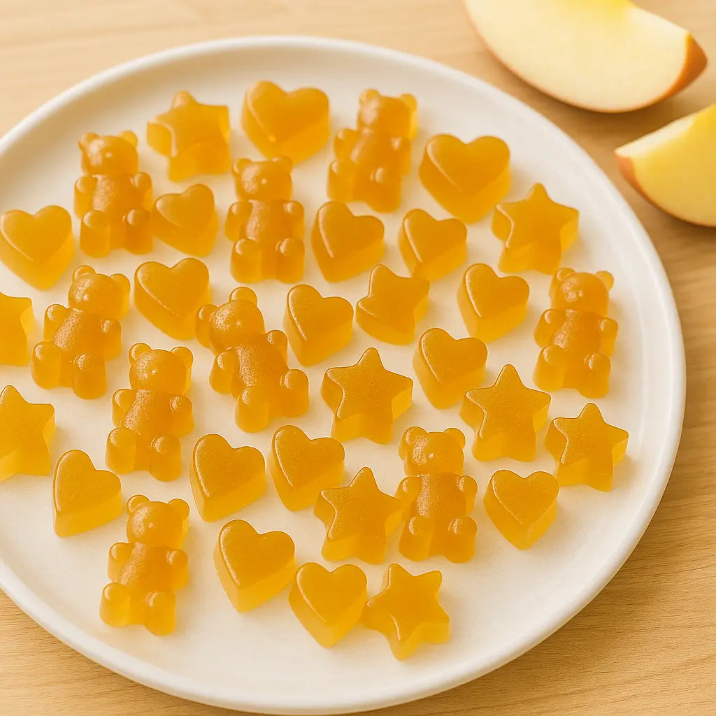 Finished apple juice gelatin gummies arranged on a plate with apple slices.