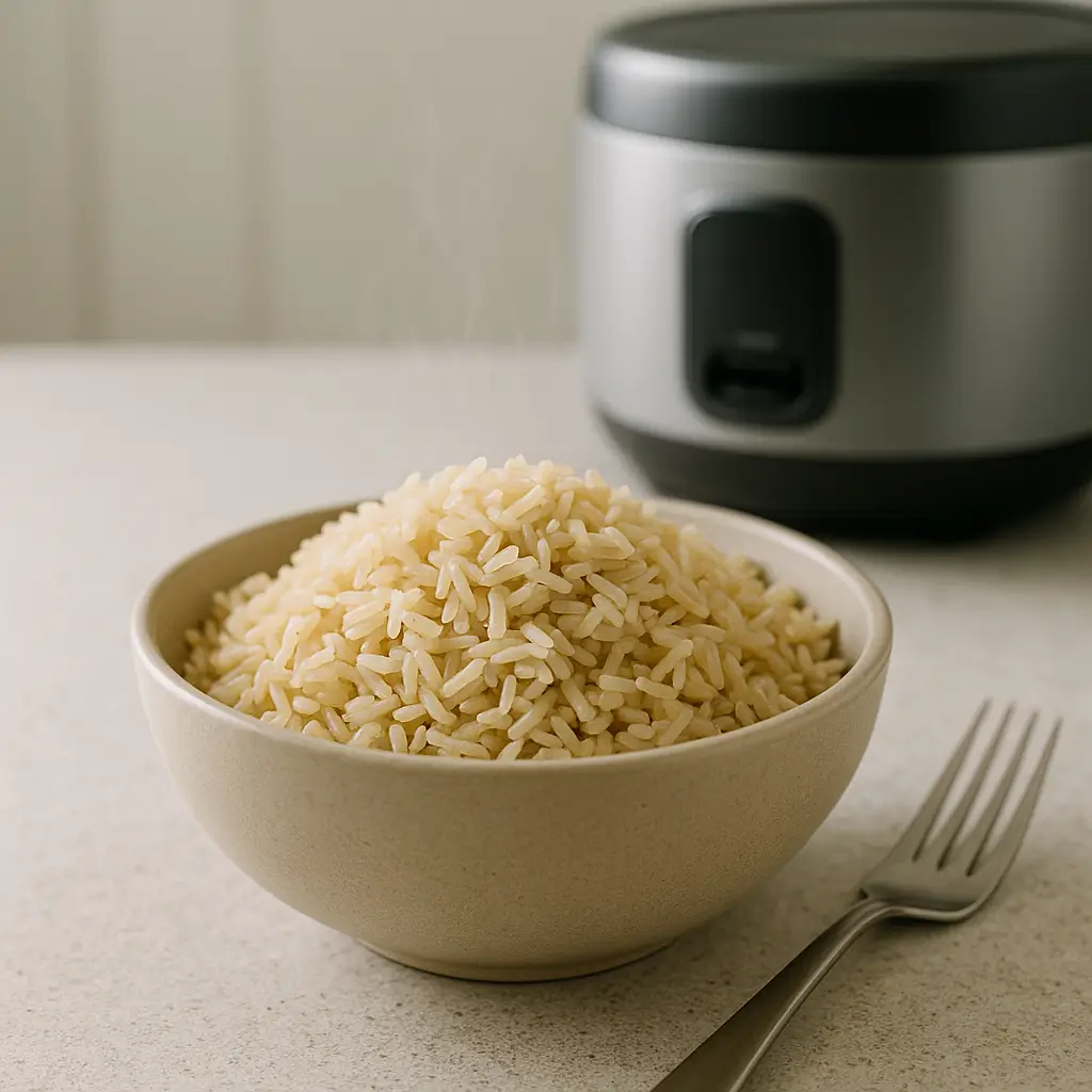 Fluffy cooked basmati brown rice served in a bowl next to a rice cooker.