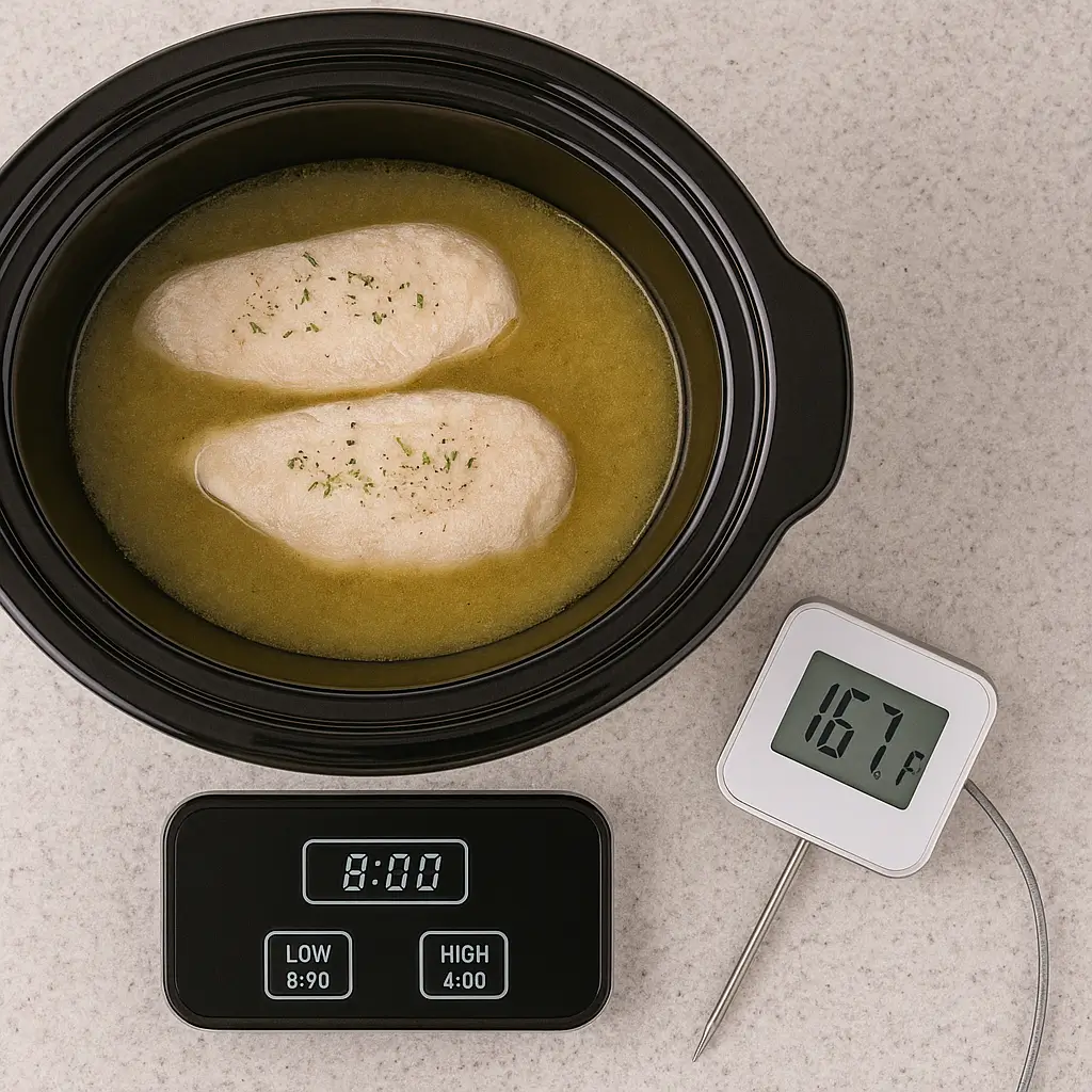 crock pot showing cooking time settings for frozen chicken breasts