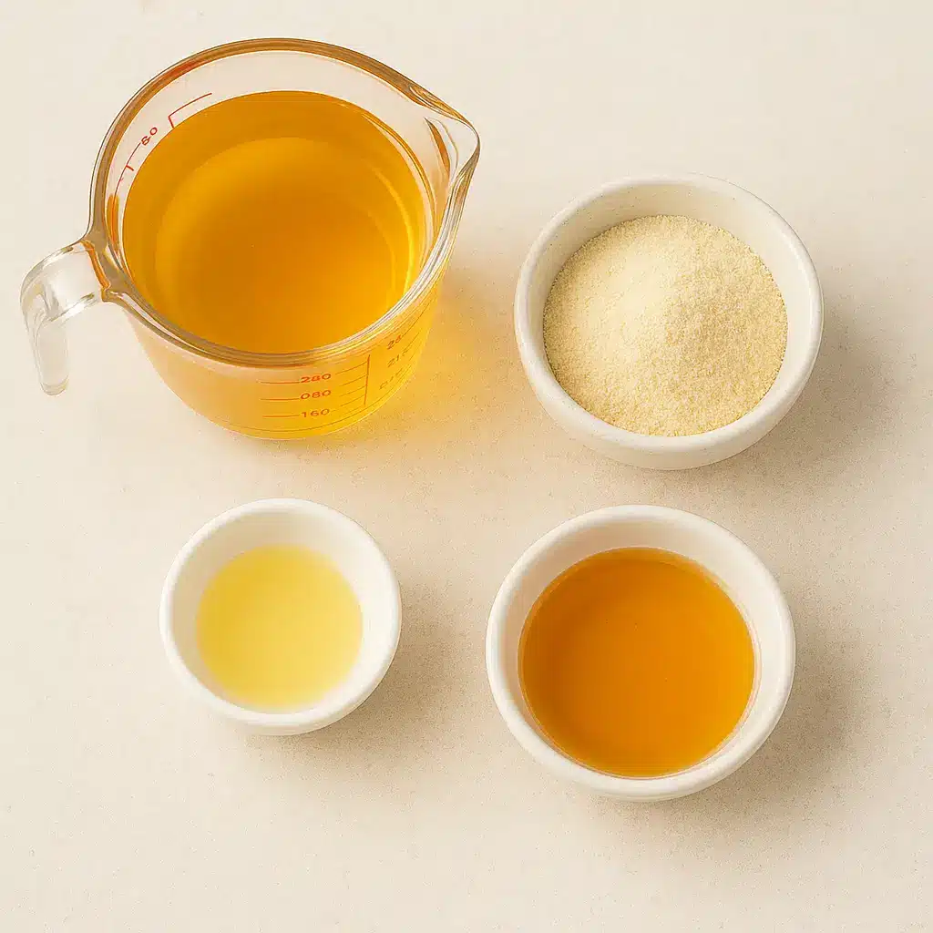 Ingredients for Gelatin gummies with apple juice recipe gummies arranged neatly on a countertop.