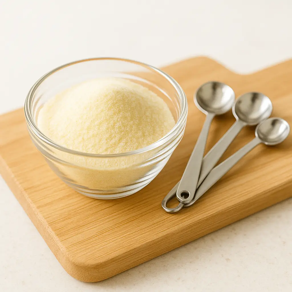 Glass bowl of unflavored gelatin powder with measuring spoons