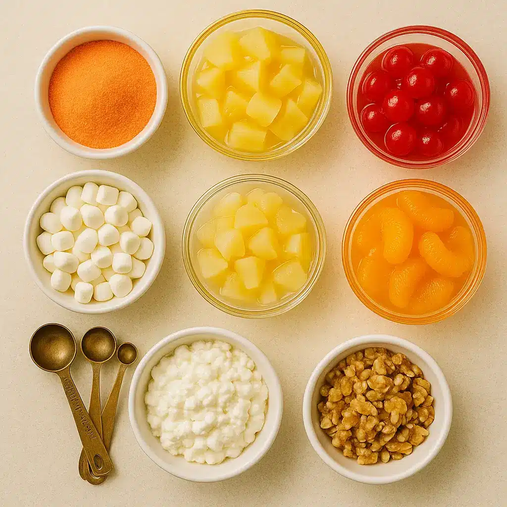 Flat-lay of colorful ingredients used to make a classic American gelatin salad.