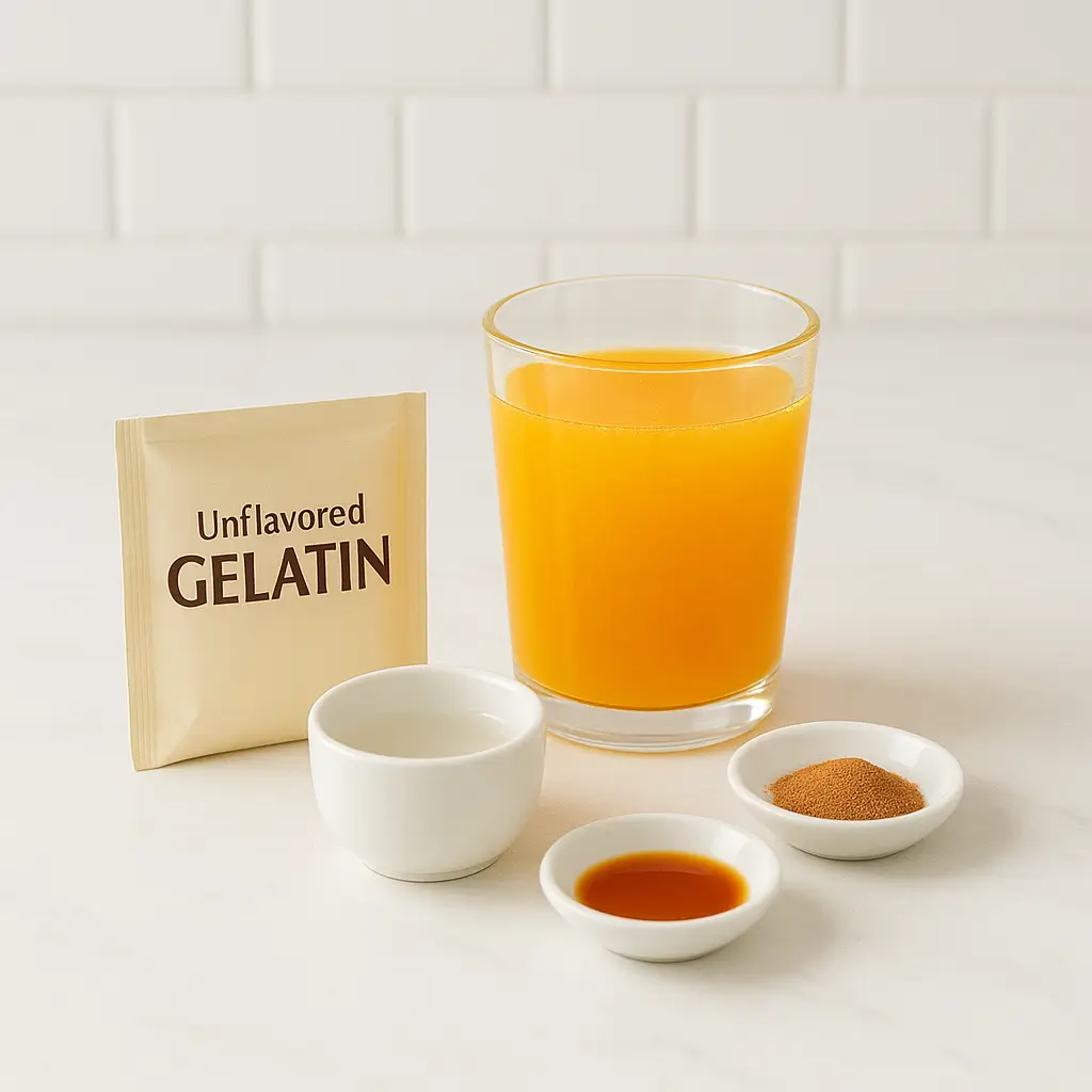 Ingredients displayed for making the gelatin weight loss recipe with orange juice.