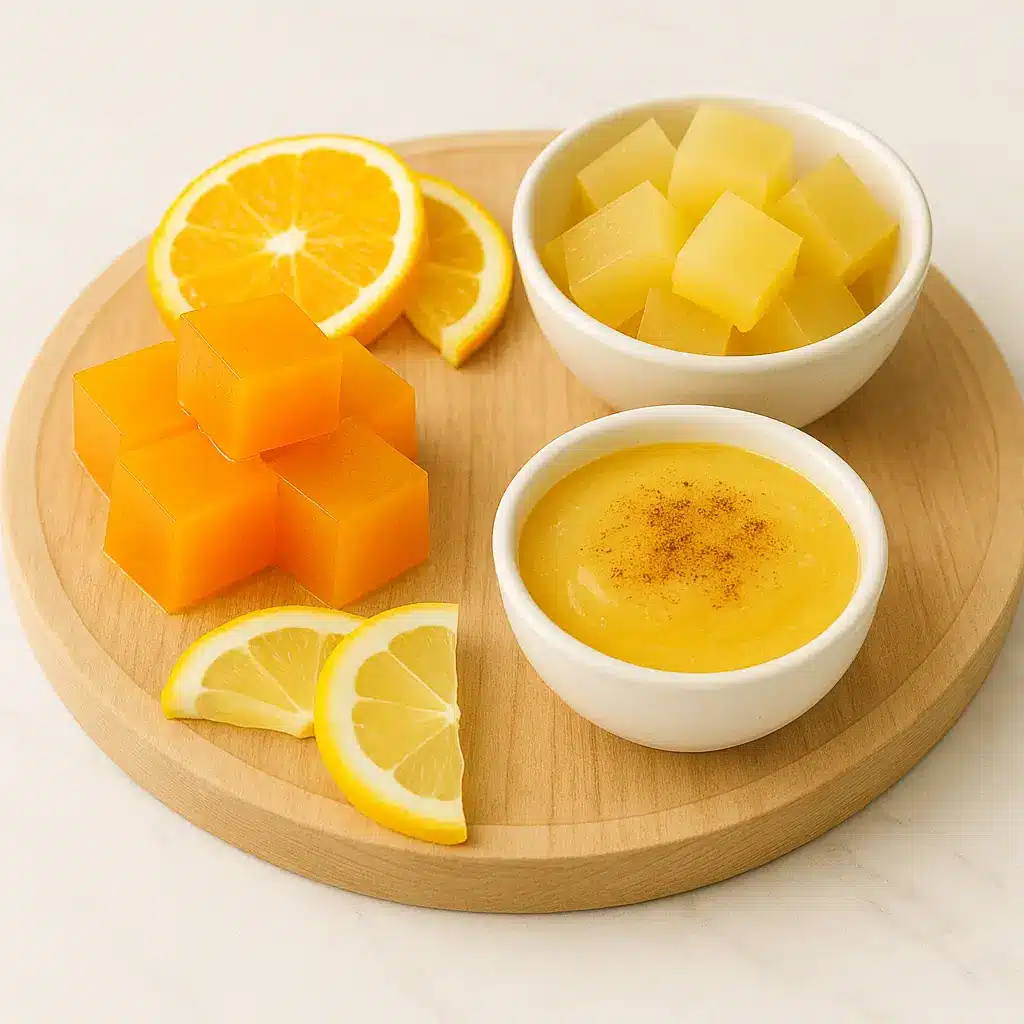 Different variations of the gelatin weight loss recipe with orange juice presented on a board.