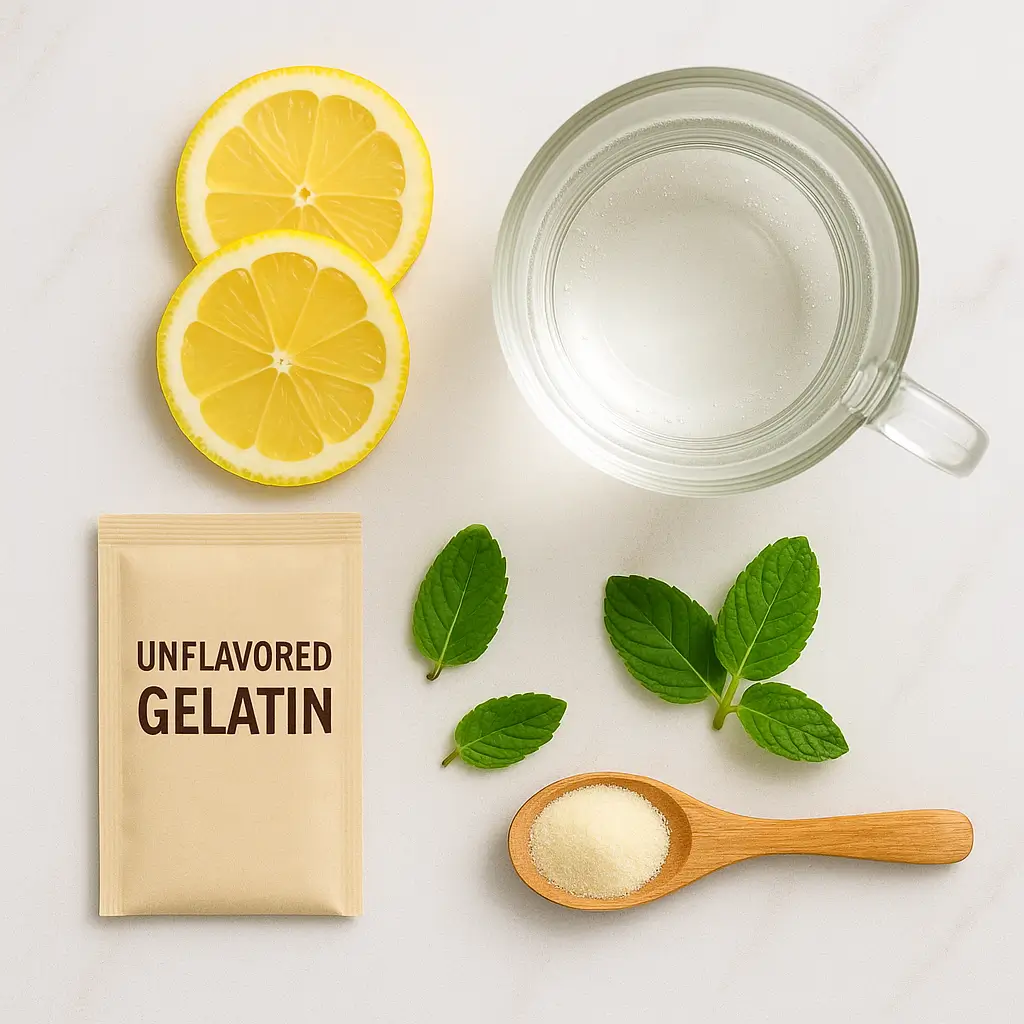 gelatin weight loss recipe rebel wilson Unflavored gelatin packet, lemon slices, mint, and hot water displayed as ingredients