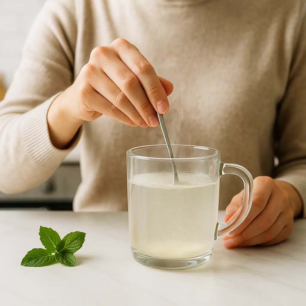 Person stirring gelatin powder into hot water to prepare weight loss drink