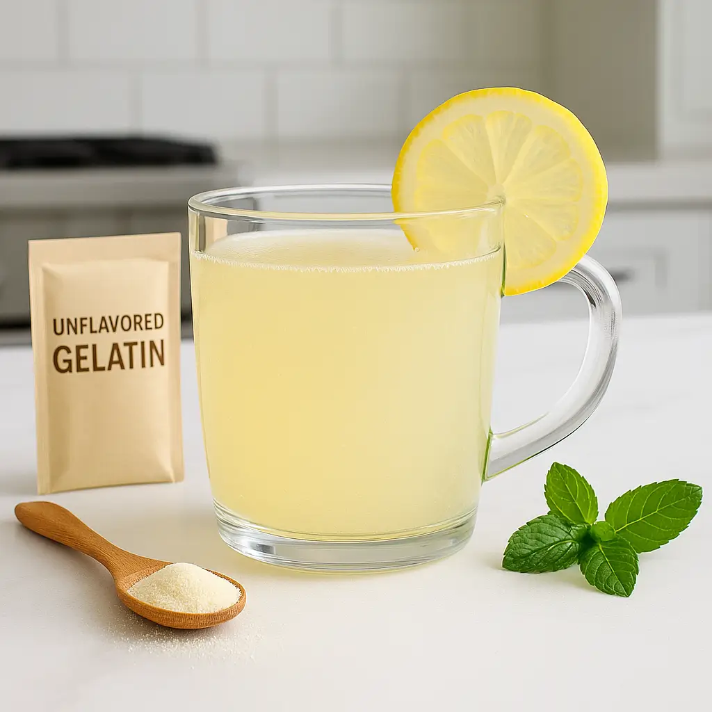 Glass of gelatin weight loss drink with lemon slice and gelatin powder on countertop