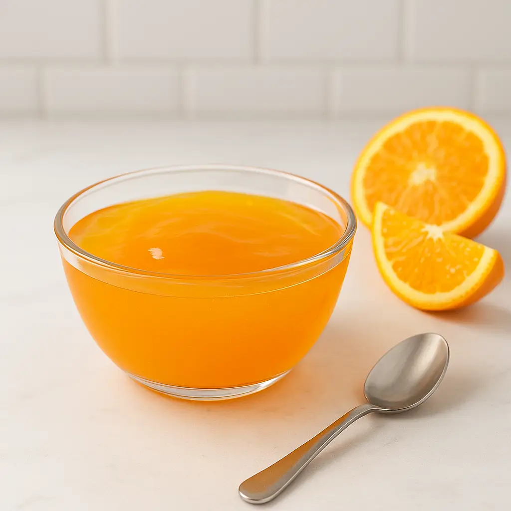 gelatin weight loss recipe with orange juice in a glass bowl on a clean kitchen counter.