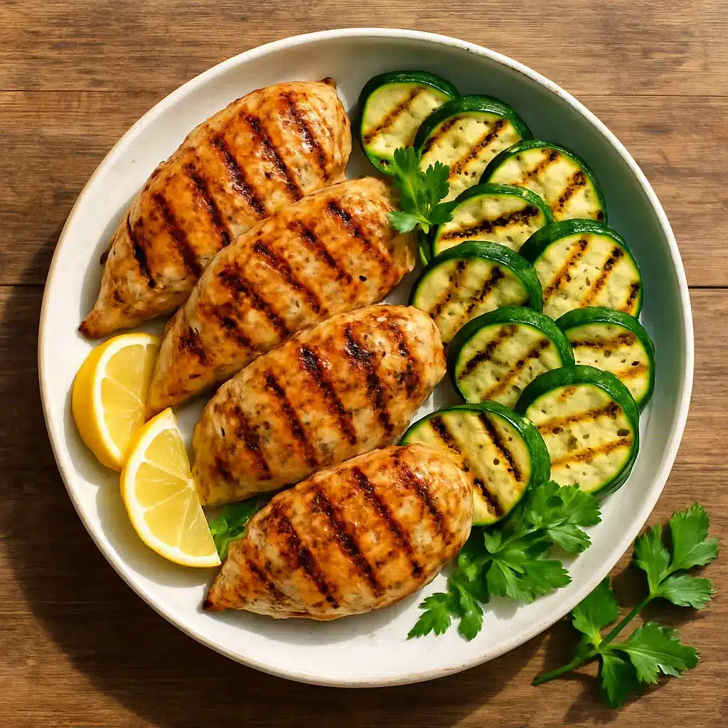 grilled chicken and zucchini recipe served with lemon and herbs