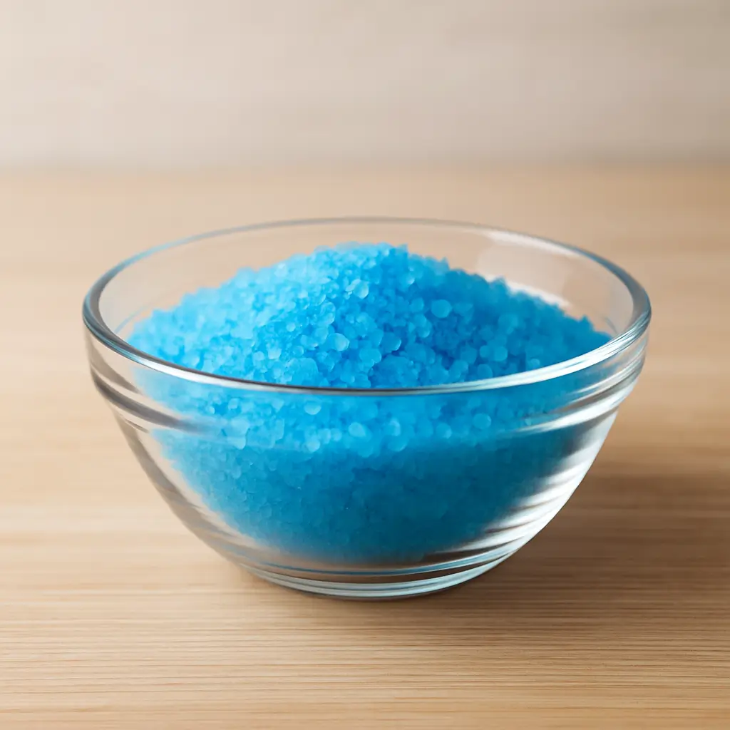 Glass bowl filled with bright blue salt mixture on a wooden table.