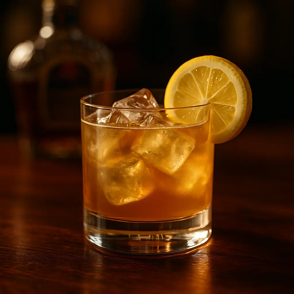 High-quality crown royal sour recipe​ cocktail in a rocks glass with lemon garnish.