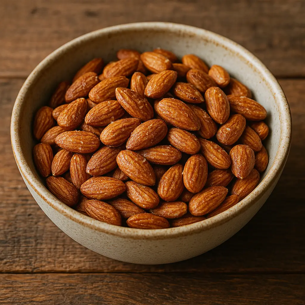 Close-up of roasted salt and vinegar almonds in a bowl on a rustic wooden table.