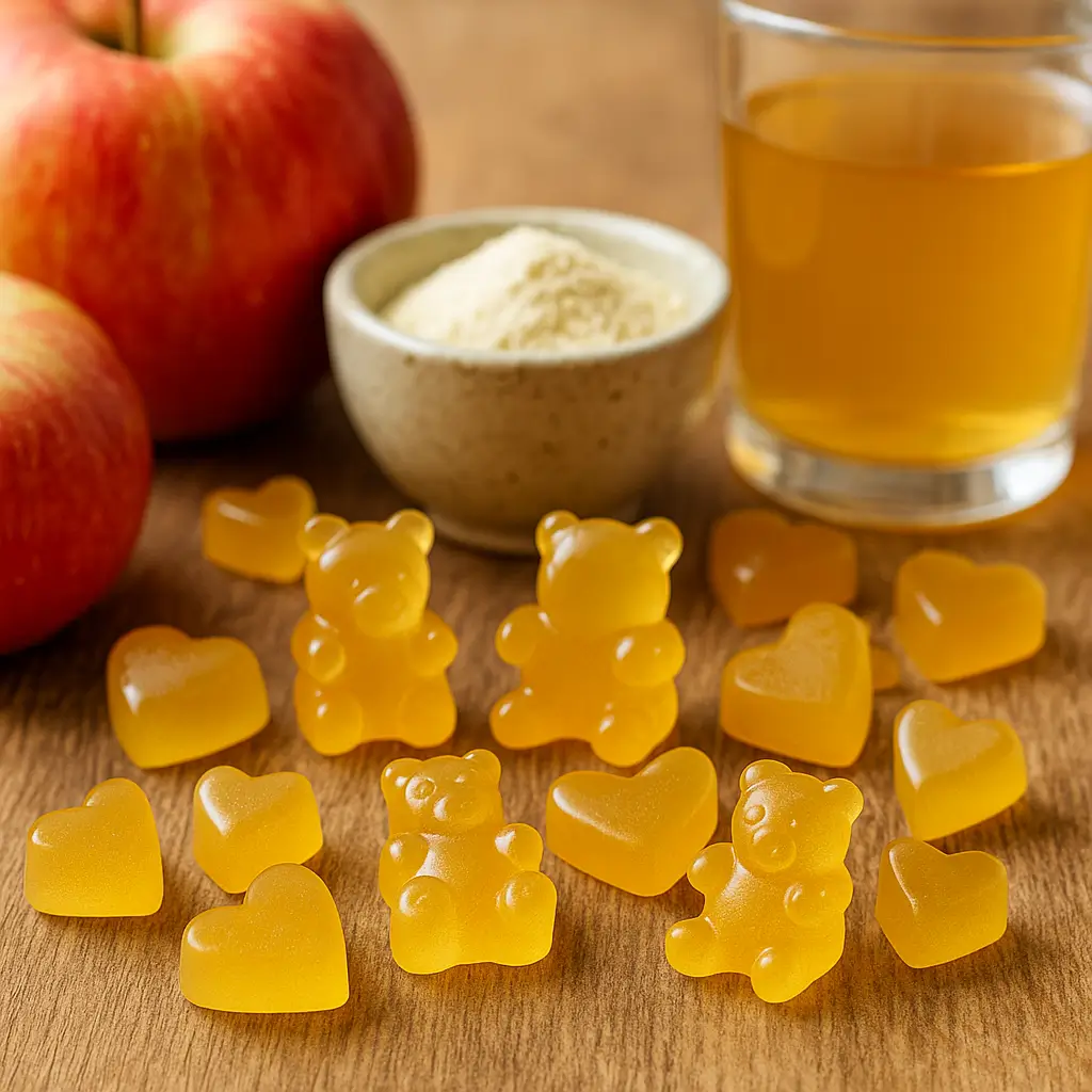 Homemade apple juice gelatin gummies displayed on a wooden kitchen surface with apples and ingredients.