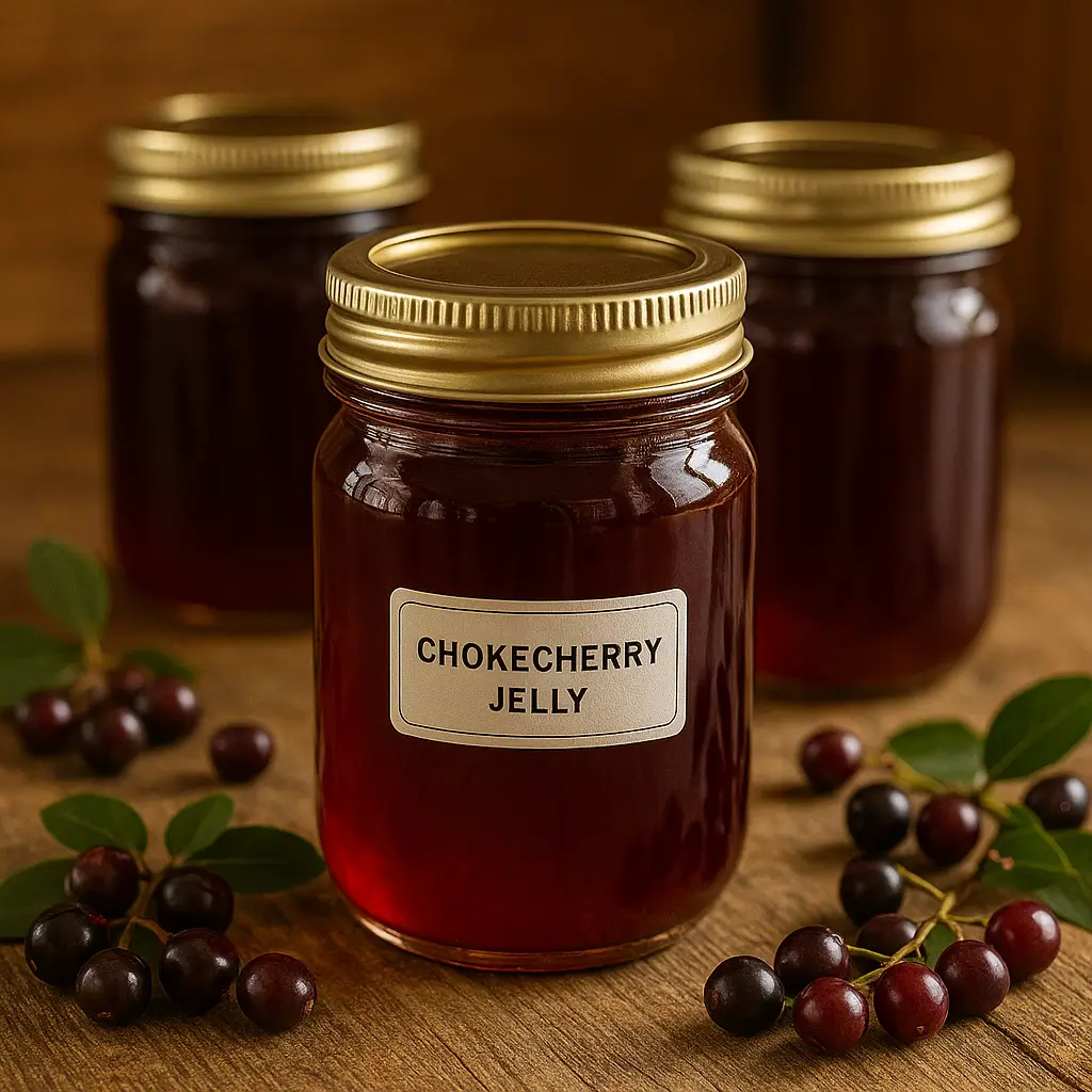 Sealed jars of homemade chokecherry jelly cooling on a wooden table.