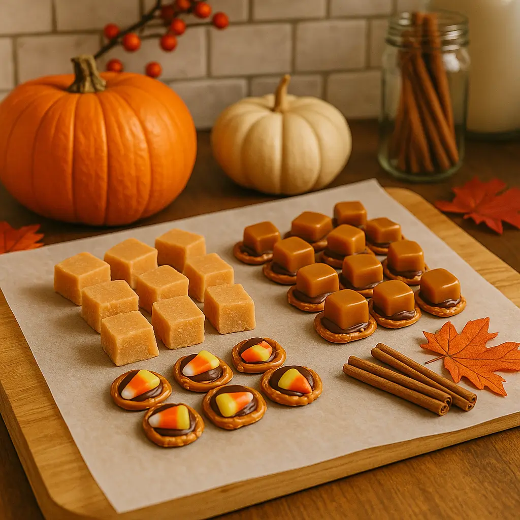 Homemade Thanksgiving candy like pumpkin spice fudge and caramel pretzel bites.