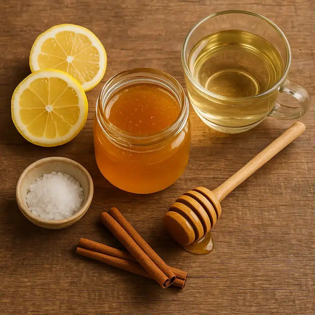 Ingredients for the honey trick recipe easy displayed on a rustic wooden table.
