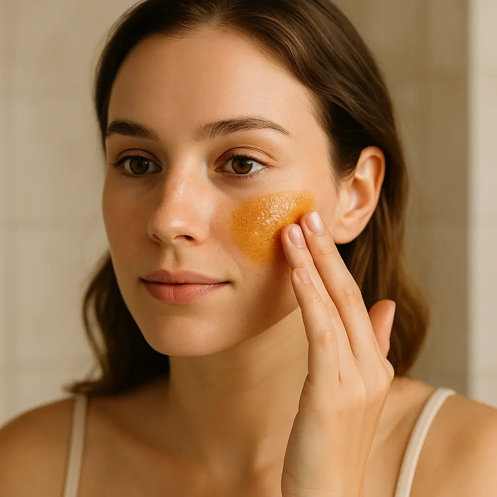 Woman applying a honey and cinnamon mixture to her skin as part of the honey trick recipe easy.