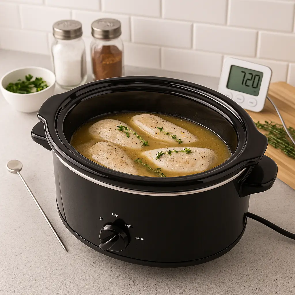 how long to cook frozen chicken breast in crock pot with broth and herbs