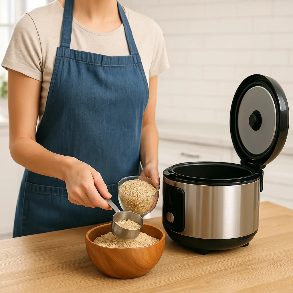 Person preparing basmati brown rice next to rice cooker in kitchen.