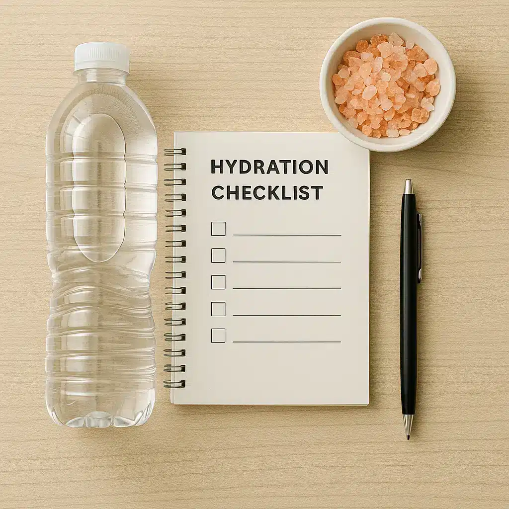 Hydration checklist with water bottle and bowl of Himalayan pink salt.