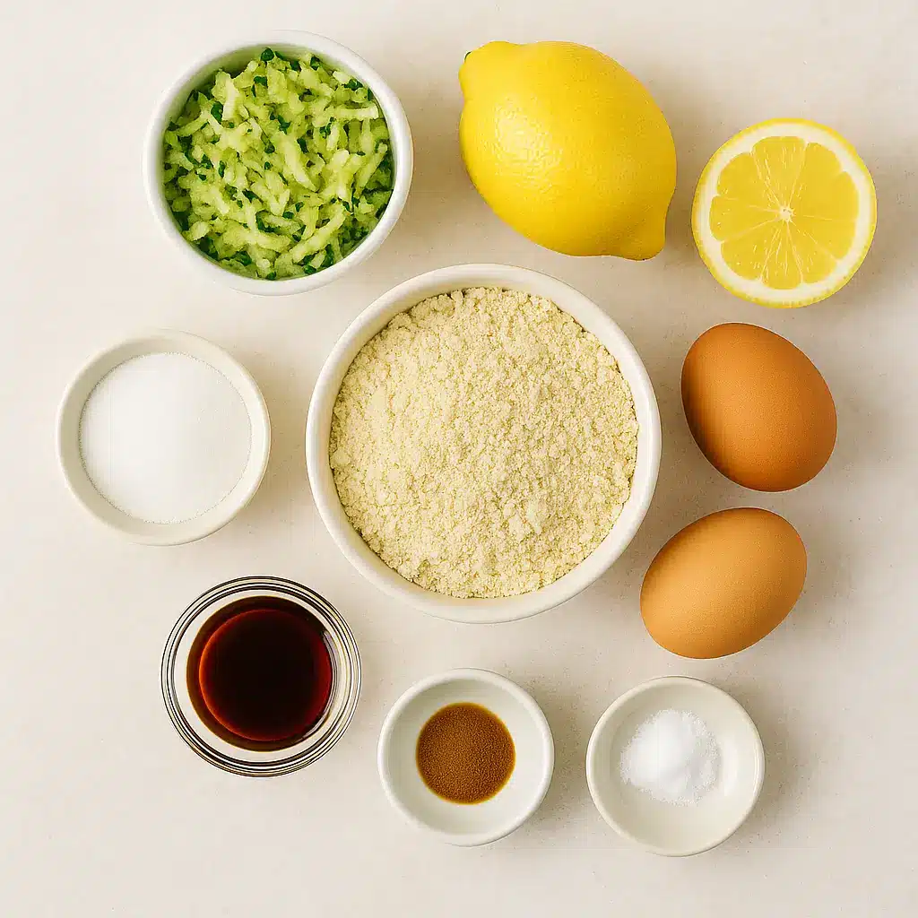best almond flour lemon zucchini bread Flat, lay of ingredients for almond flour lemon zucchini bread including almond flour, zucchini, lemons, and eggs.