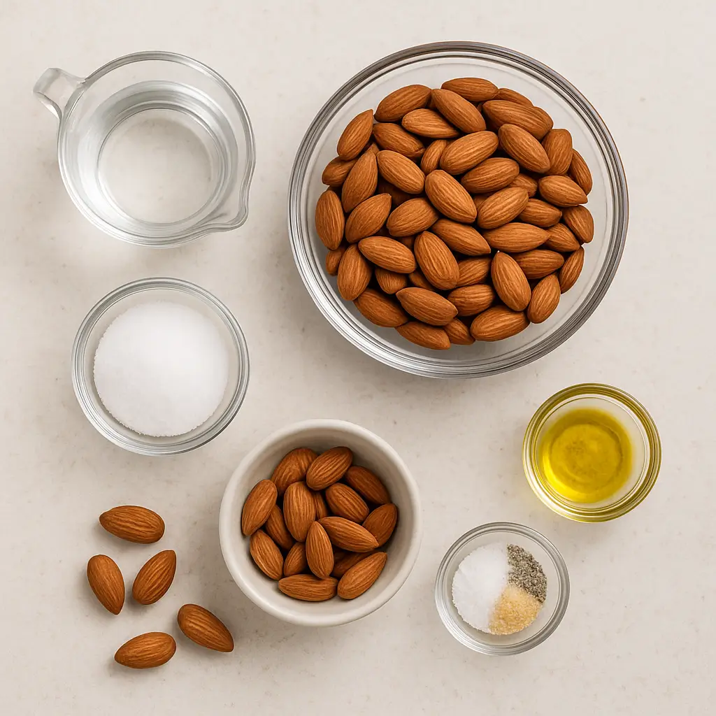 Raw almonds, vinegar, and salt arranged on a kitchen countertop.