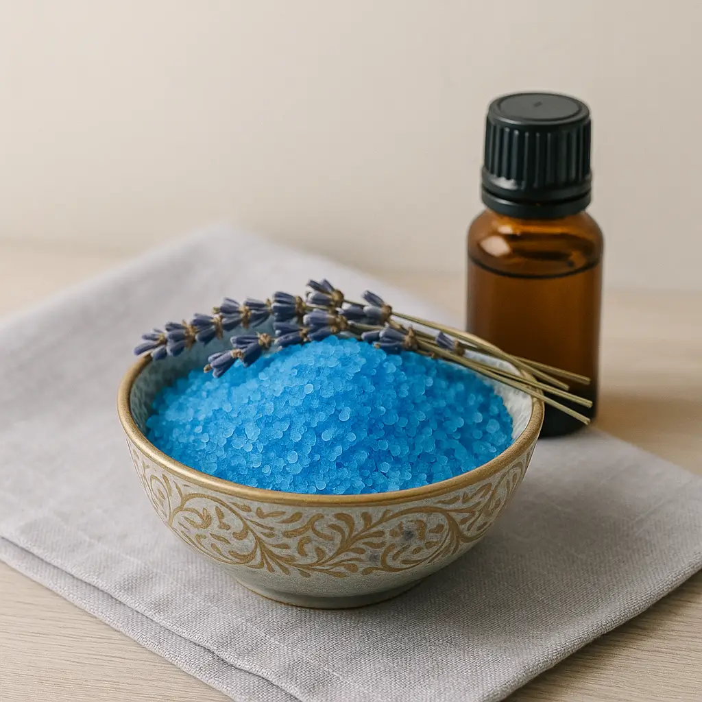 Lavender-scented blue salt trick with essential oils and dried herbs.