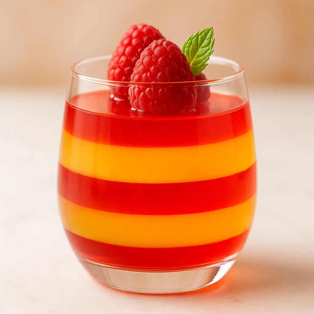 Layered raspberry and lemon gelatin dessert topped with fresh berries