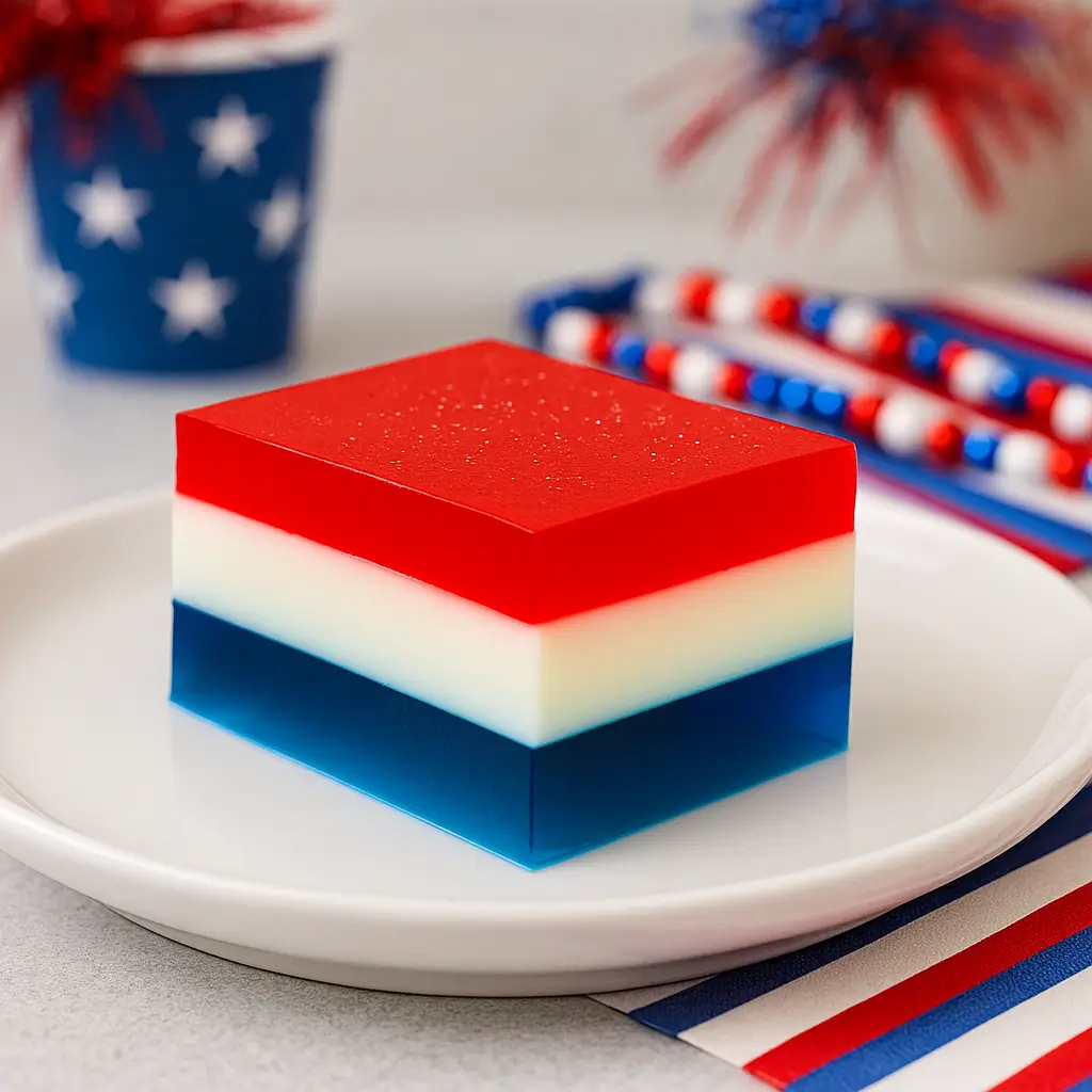 Layered red, white, and blue vodka jello jiggler slice.