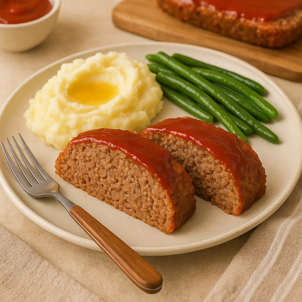 Lipton Onion Soup Mix Meatloaf served with mashed potatoes and green beans