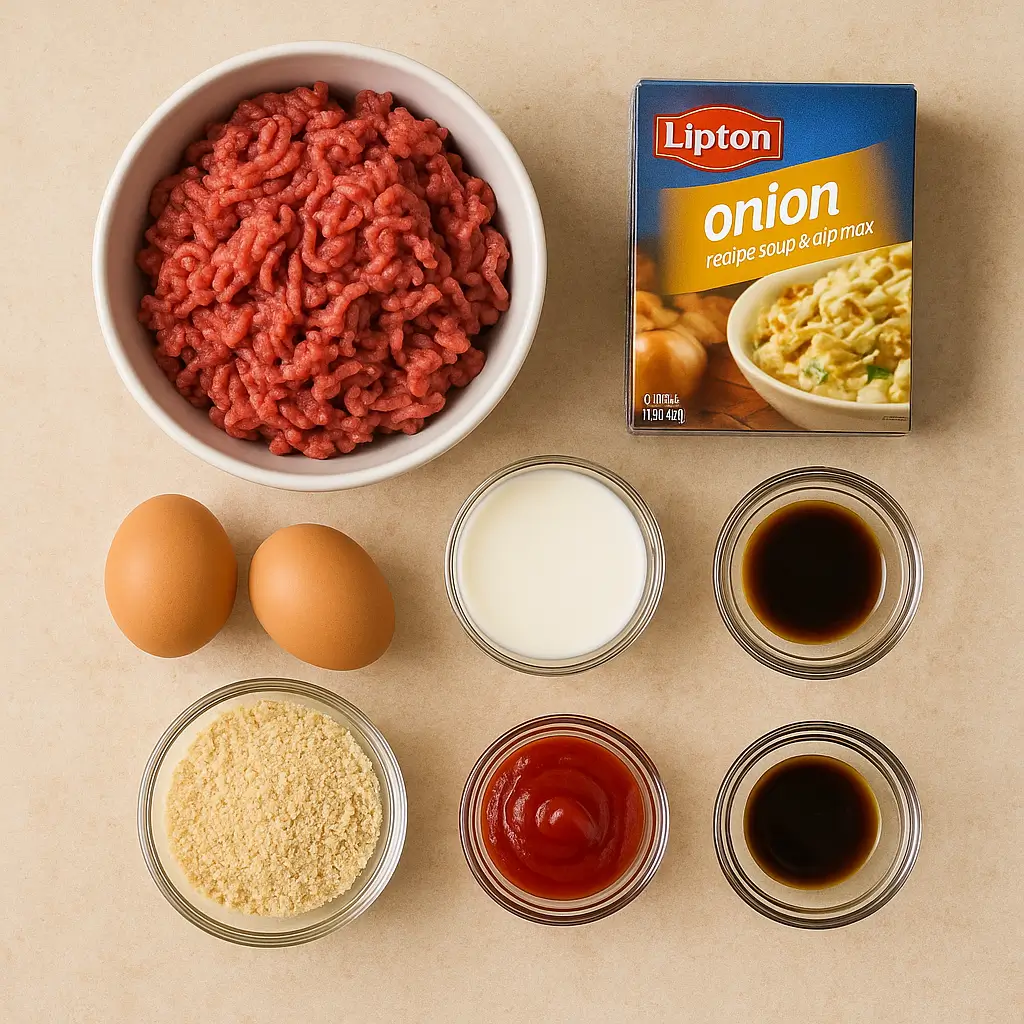 Ingredients for lipton onion soup mix meatloaf recipe on kitchen counter